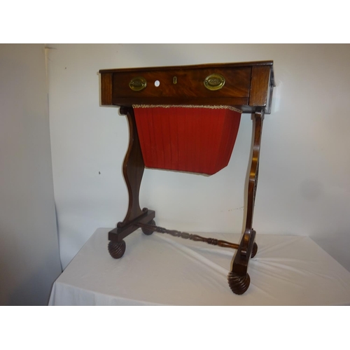 212 - A good Victorian mahogany ladies work box raised on shaped side supports, turned cross stretcher and... 