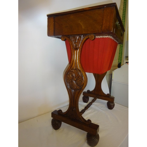 212 - A good Victorian mahogany ladies work box raised on shaped side supports, turned cross stretcher and... 