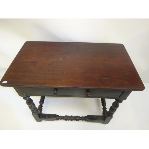 245 - Early oak side table fitted with a drawer and raised on turned legs with cross stretchers. W. 87cm, ... 