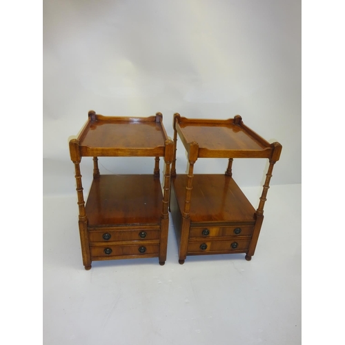 258 - A pair of yew wood two tier lamp tables fitted with drawers. 47cm x 37cm, H. 63cm approx.