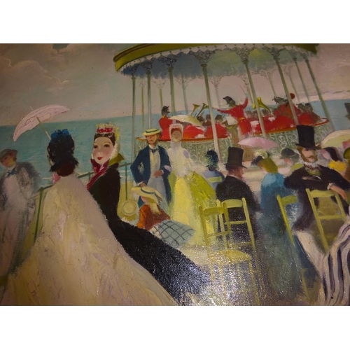 263 - Doris Clare Zinkeisen 1898-1991,
Bandstand with band and people on the beach,
Oil on canvas,
63cm x ... 