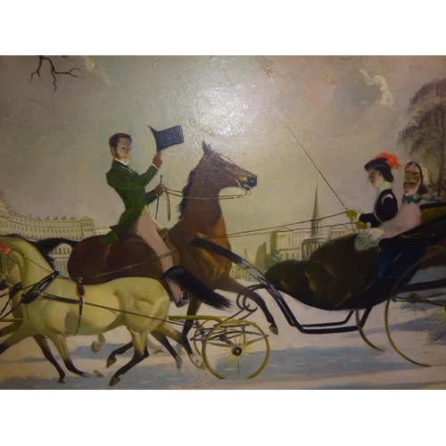 264 - Doris Clare Zinkeisen 1898-1991,
Winter scene with ladies in carriage and gentleman on horse,
Oil on... 