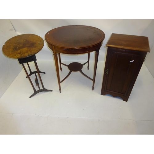 267 - Inlaid Edwardian circular occasional table, antique chamber table (needing attention) and a bedside ... 