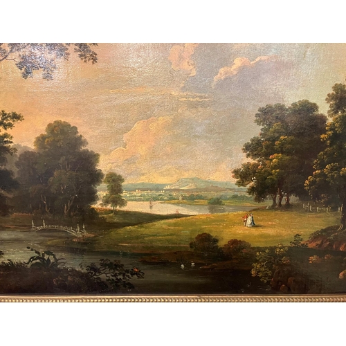 270 - Possibly 18th century extensive landscape with figures, sailing boats and houses in the distance,
Oi... 