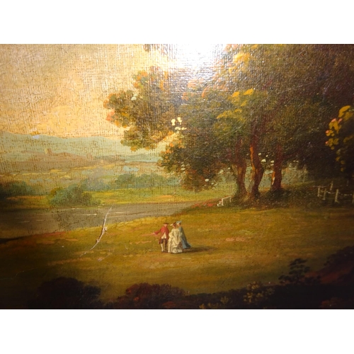 270 - Possibly 18th century extensive landscape with figures, sailing boats and houses in the distance,
Oi... 