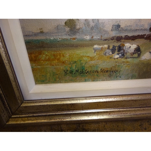 275 - V.E. Mackeson Ramsay,
Landscape with cattle,
Oil on board,
Signed lower left,
20cm x 30cm.