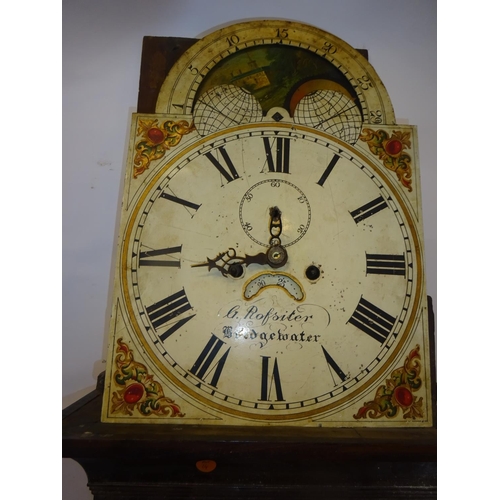 288 - An English mahogany long cased clock having arch painted dial, G. Rofsiter & Bridgewater. (lacking w... 