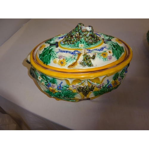 296 - Tall majolica jardinere stand, damaged together with a good majolica oval dish and cover with Victor... 