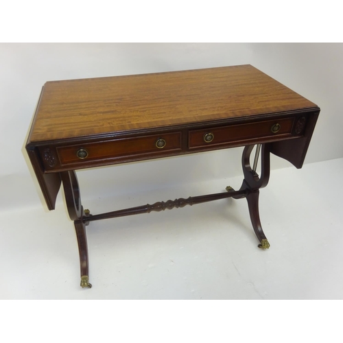 3 - Modern mahogany drop leaf sofa table (W. 90cm) together with a small oak card table. (2)