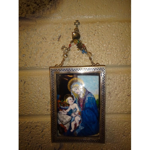 30 - Small religious painting on porcelain plaque, Mother and child, framed. 14cm x 9cm approx.