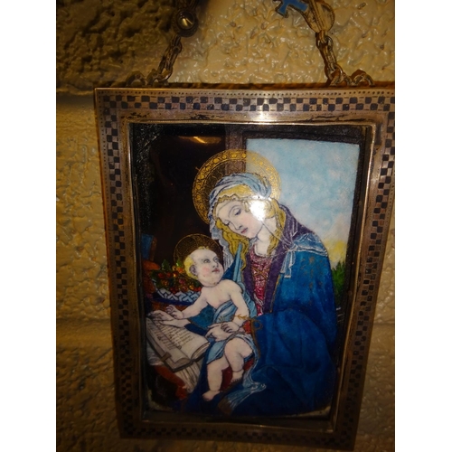 30 - Small religious painting on porcelain plaque, Mother and child, framed. 14cm x 9cm approx.