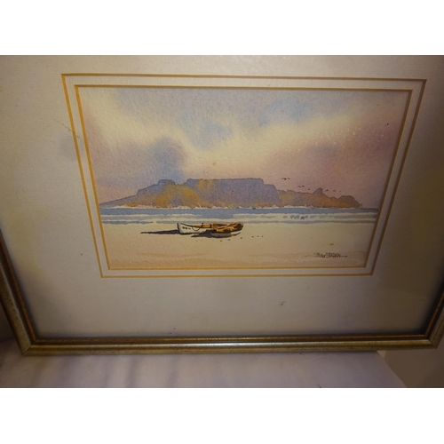 302 - Lot of 3 pictures - Watercolour of boats on beach, cottage with people and a print. (3)