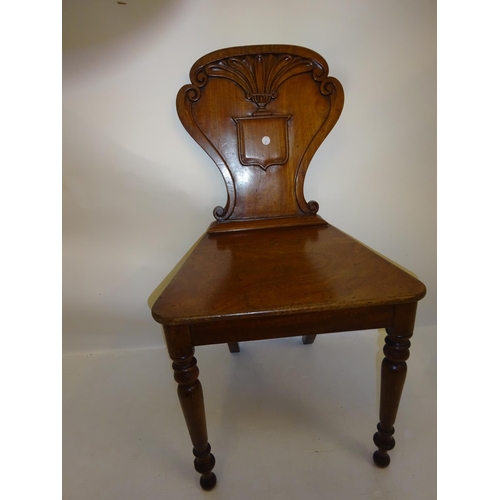 305 - Antique mahogany hall chair (old repair to back leg).