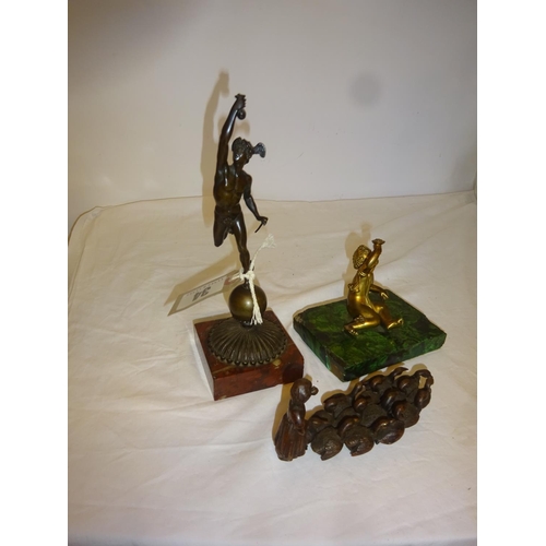 34 - Bronze statue of Mercury on marble base together with a heavy metal sculpture of woman with ducks an... 