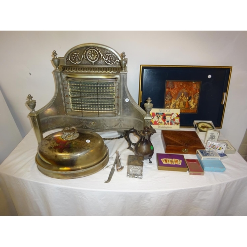 362 - Mixed lot of items - old electric fire, silver plated dish cover, decorative tray, etc. (see photo).