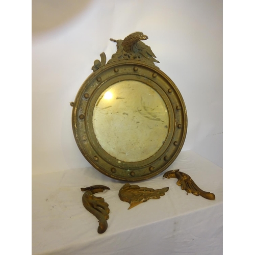47 - Antique gilt framed convex mirror (parts missing) for restoration. Diameter of mirror 60cm.
