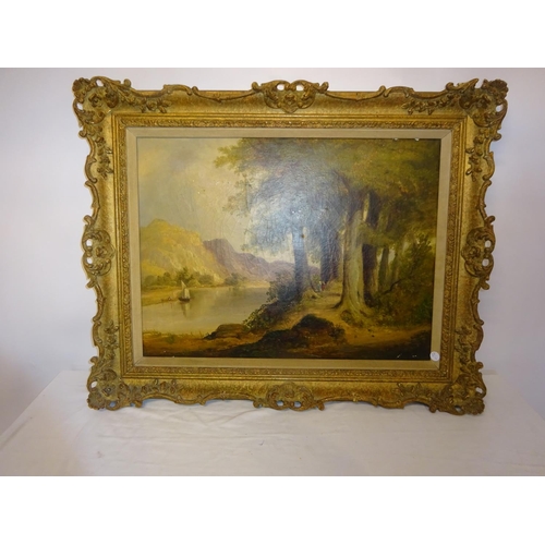 49 - Victorian lake and mountain landscape with with boat and figures, oil on canvas in decorative gilt f... 