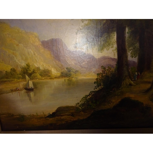 49 - Victorian lake and mountain landscape with with boat and figures, oil on canvas in decorative gilt f... 