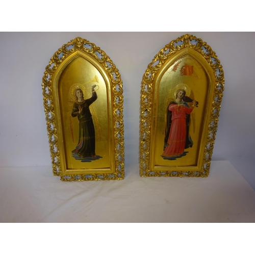 52 - A pair of 19th century Italian painted gothic panels (musicians). Overall H. 42cm, x 22cm approx.
