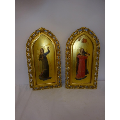 52 - A pair of 19th century Italian painted gothic panels (musicians). Overall H. 42cm, x 22cm approx.