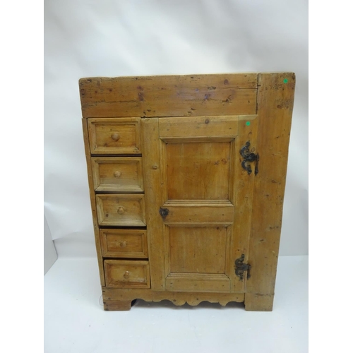53 - Interesting antique pine press, the front fitted with 5 drawers, large cupboard door with shelf inte... 