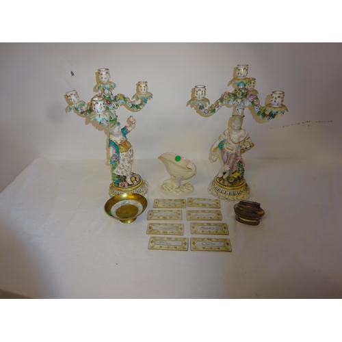 63 - Mixed lot - pair of continental porcelain candleabra (damaged), 8 Dresden dinner name plates, beleek... 