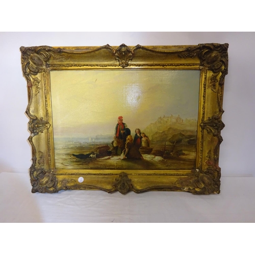 65 - Victorian coastal scene with figures on the beach and houses on the hill top. Oil on canvas. 35cm x ... 