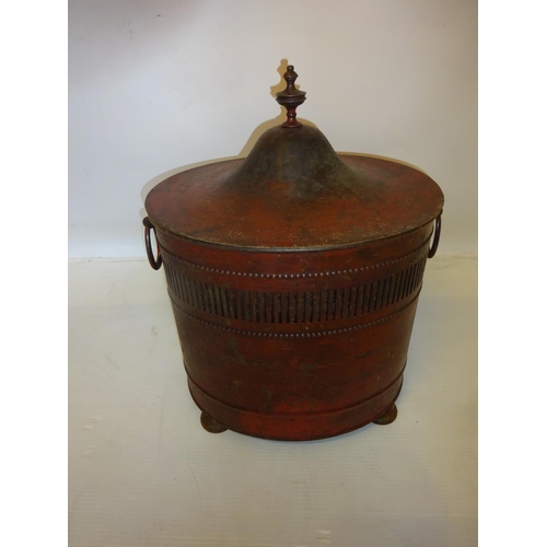 71 - A good old painted metal coal container of oval shape complete with lid and liner.