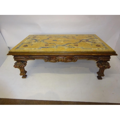 73 - A good continental lounge table having a fine inlaid rectangular shaped marble top on carved decorat... 