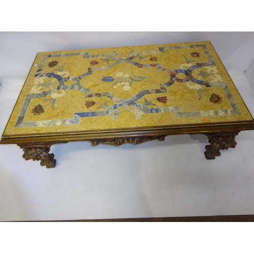 73 - A good continental lounge table having a fine inlaid rectangular shaped marble top on carved decorat... 