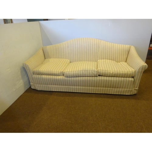 74 - Camel back drawing room couch with stripe upholstery. L. 210cm, D. 77cm, H. 86cm approx.