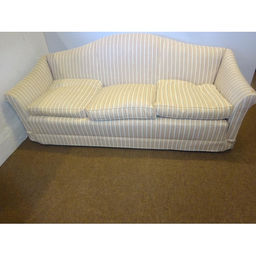 74 - Camel back drawing room couch with stripe upholstery. L. 210cm, D. 77cm, H. 86cm approx.