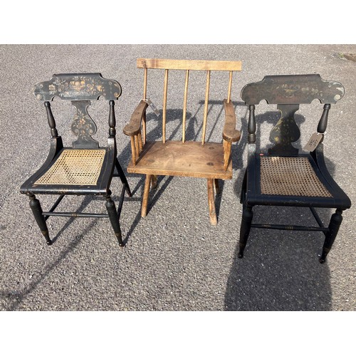 365 - Irish style hedge chair together with a pair of antique painted side chairs. (3)