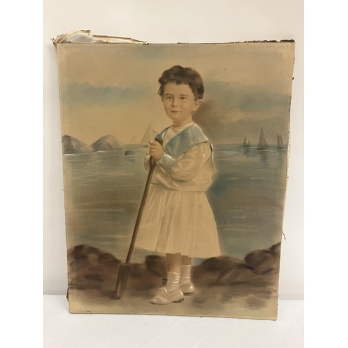 10 - A pastel portrait of a child holding an oar by the sea.  50cm x 40cm.