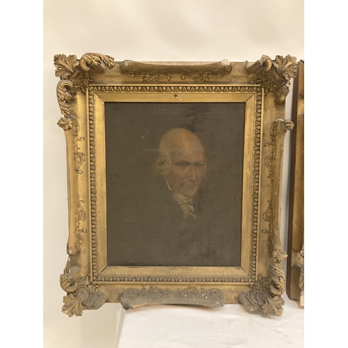 110 - A pair of 19th century gilt frames, one housing a portrait on canvas with label on reverse which rea... 