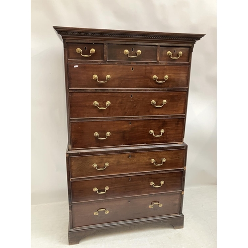 126 - Early Georgian mahogany chest on chest, the upper section having dentil cornice over 3 short and 3 l... 