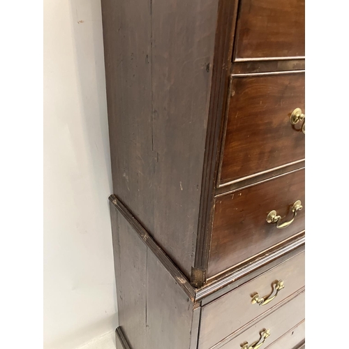 126 - Early Georgian mahogany chest on chest, the upper section having dentil cornice over 3 short and 3 l... 