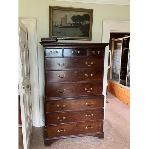 126 - Early Georgian mahogany chest on chest, the upper section having dentil cornice over 3 short and 3 l... 