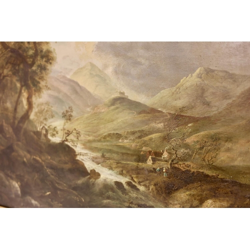 132 - William Sadler II (1782-1859),
A river and mountain landscape with figures, houses and fort on hill ... 