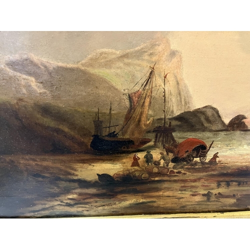 135 - 19th century seascape with boats and figures and cart on beach, oil on canvas, 46cm x 60cm.