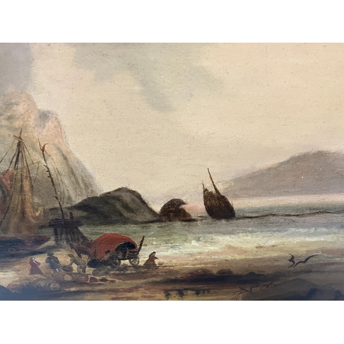 135 - 19th century seascape with boats and figures and cart on beach, oil on canvas, 46cm x 60cm.