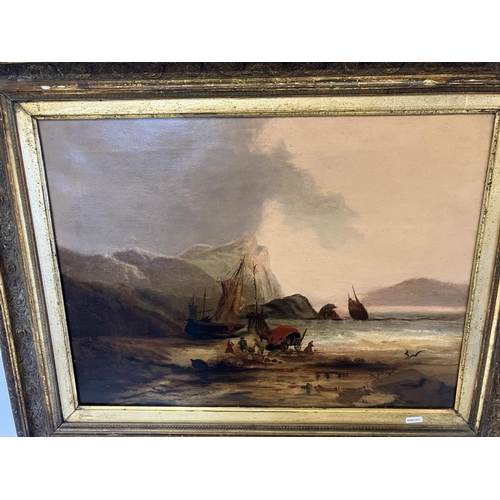 135 - 19th century seascape with boats and figures and cart on beach, oil on canvas, 46cm x 60cm.