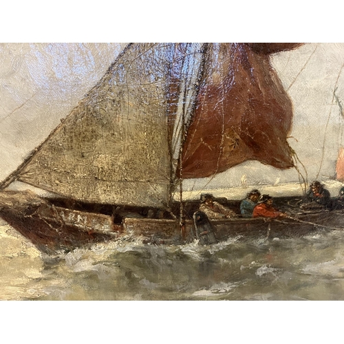 136 - J.F. Schutz,
Hauling in the fishing nets,
Oil on canvas,
Signed,
40cm x 82cm.