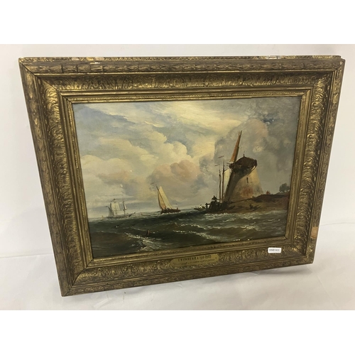 153 - E. W. Cooke ARA (1811-1880),
Busy seascape scene with boats, figures & large windmill,
Signed & date... 