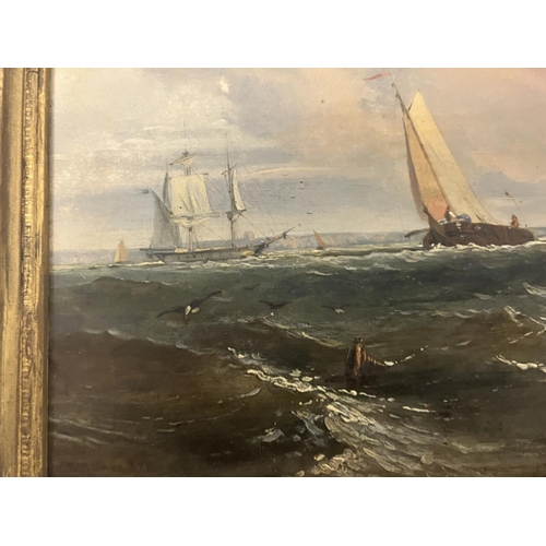 153 - E. W. Cooke ARA (1811-1880),
Busy seascape scene with boats, figures & large windmill,
Signed & date... 