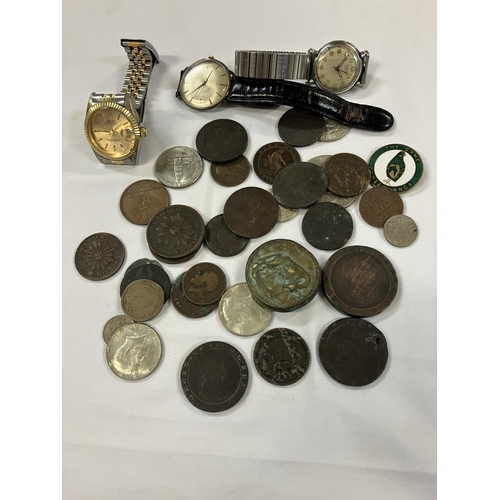 174 - Mixed lot of old coins to include old cartwheel pennies & 3 gents watches, AF.