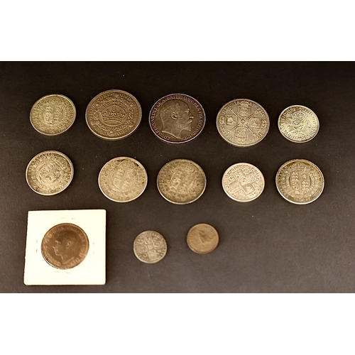 180 - Mixed lot of coins to include Victorian 4 shilling piece and 2 shilling piece, Edw. 5 shilling piece... 