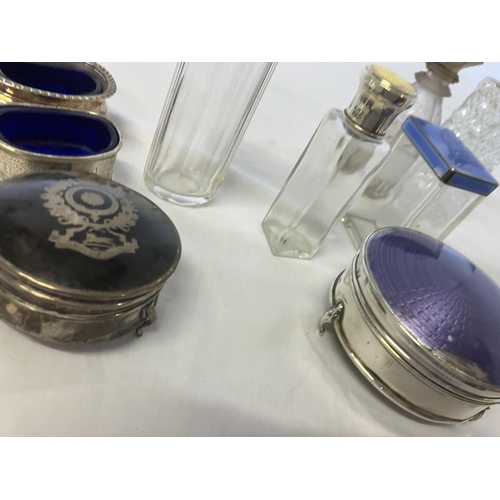 194 - A lot of silver topped and enamel & tortoiseshell toilet jars - powder compact (hinge broken), 2 sil... 