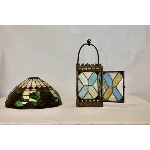 2 - Antique brass and coloured glass lantern (one piece missing and a Tiffany style light shade. (2)