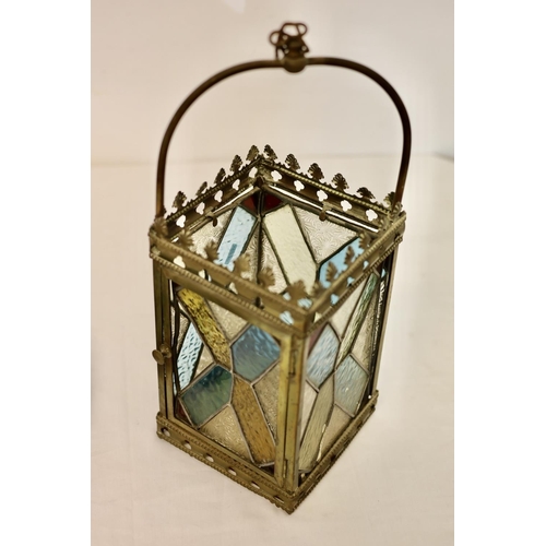 2 - Antique brass and coloured glass lantern (one piece missing and a Tiffany style light shade. (2)